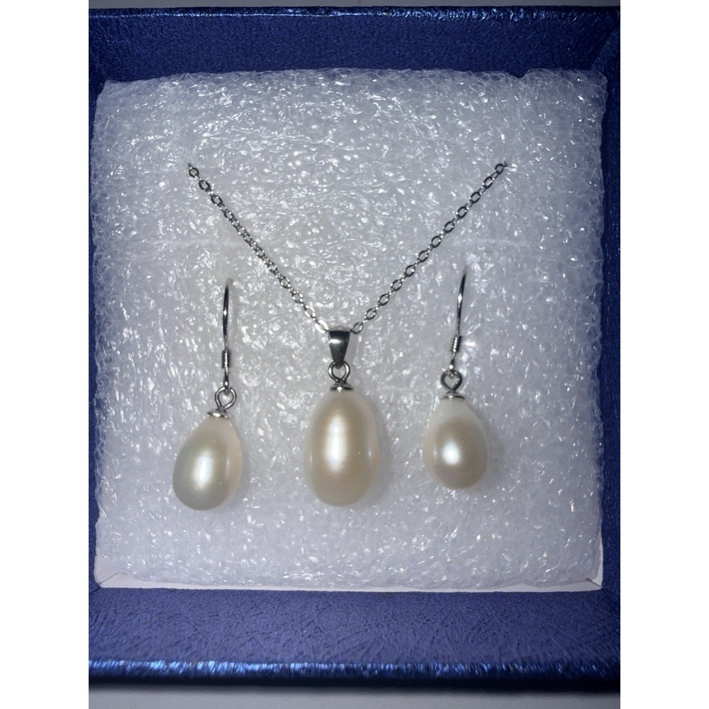 Freshwater White‎ Drop Pearl Pendant Necklace Earrings SET Sterling Silver